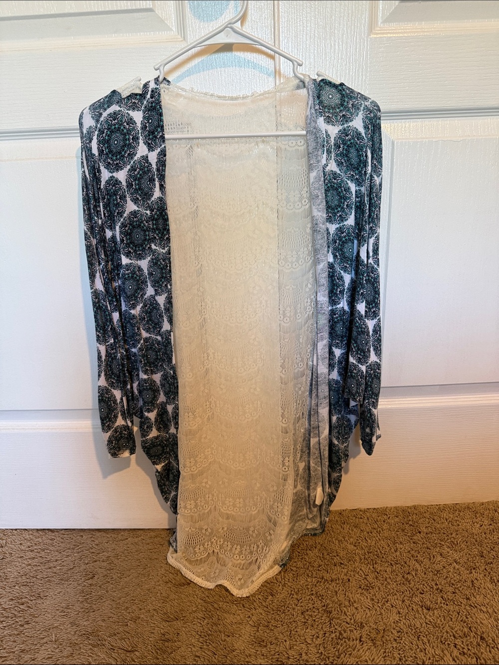 Charlotte Russe White Cardigan with Dark Teal Patterned Sleeves